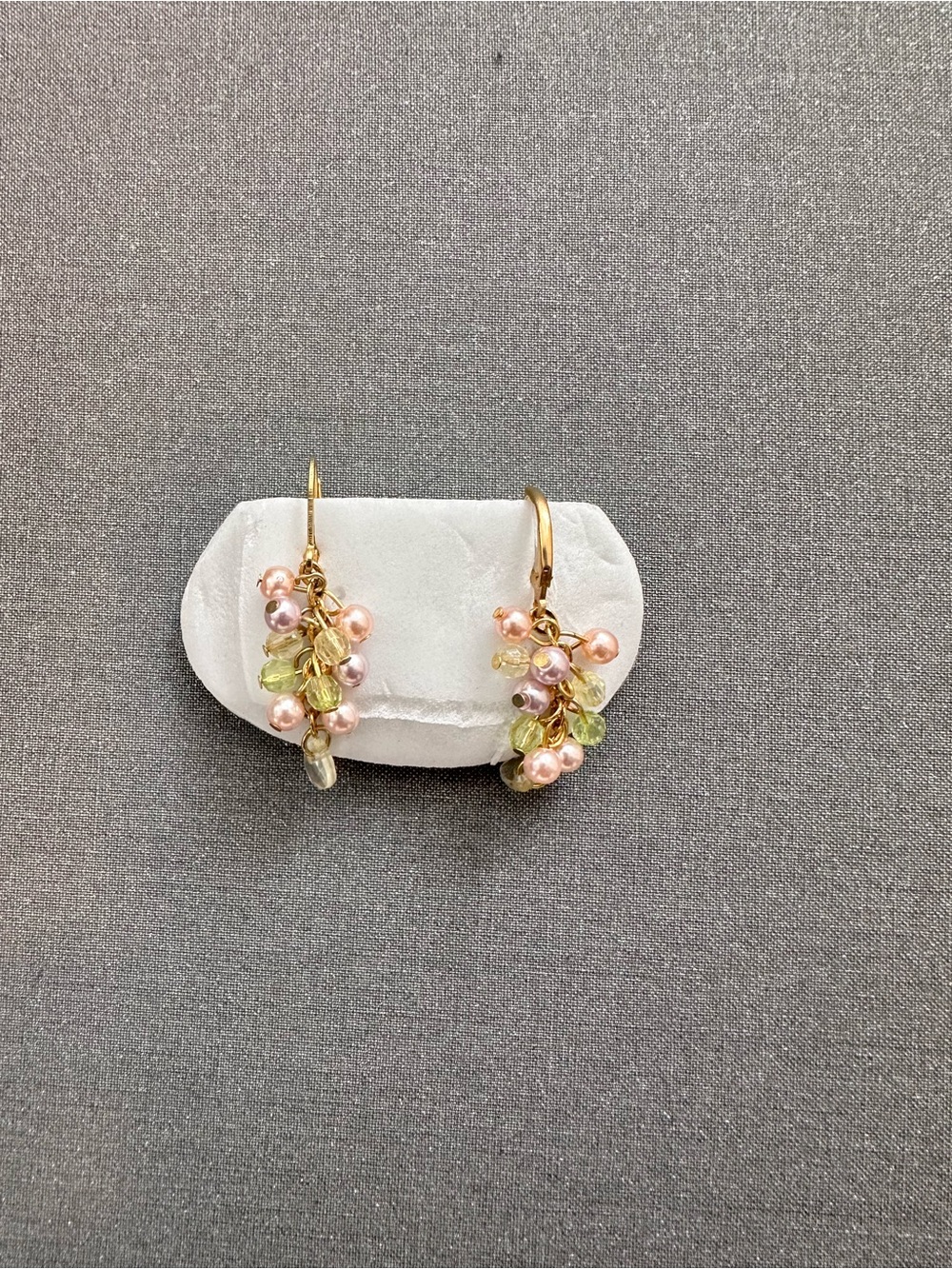 Gold Tone Drop Earrings with Pink Pearls and Green Gem Accents